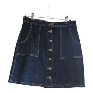 BASS Size 6 Blue Denim A-Line Skirt Button-Down Dark Wash Pockets READ
